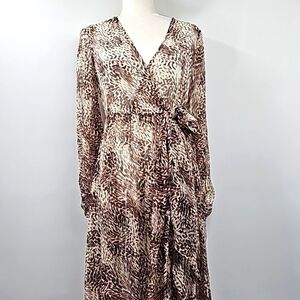 Express Long Animal Print Wrap Ruffled Wide Sleeve Duster w Gold Thread Accents